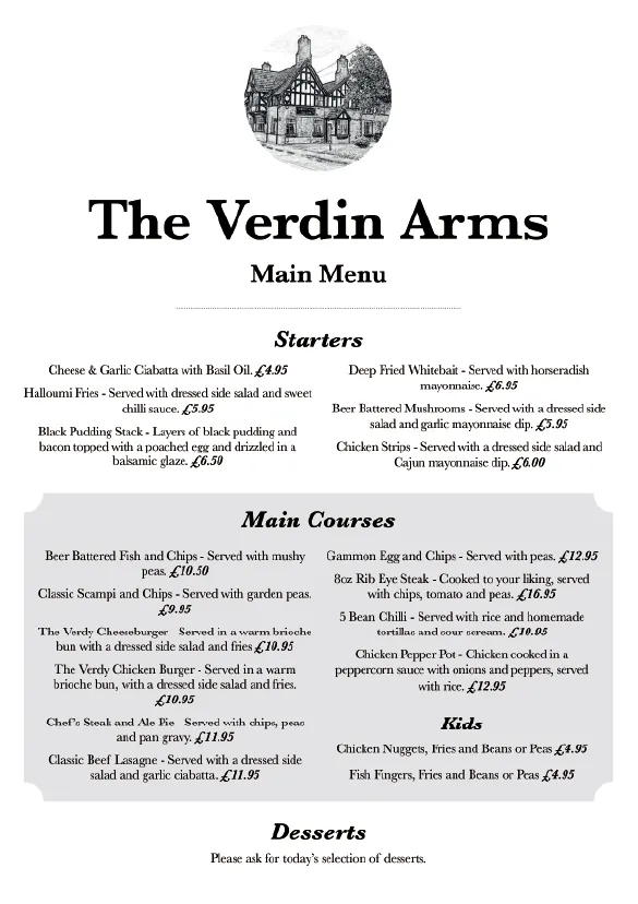 The Verdin Arms Menu A